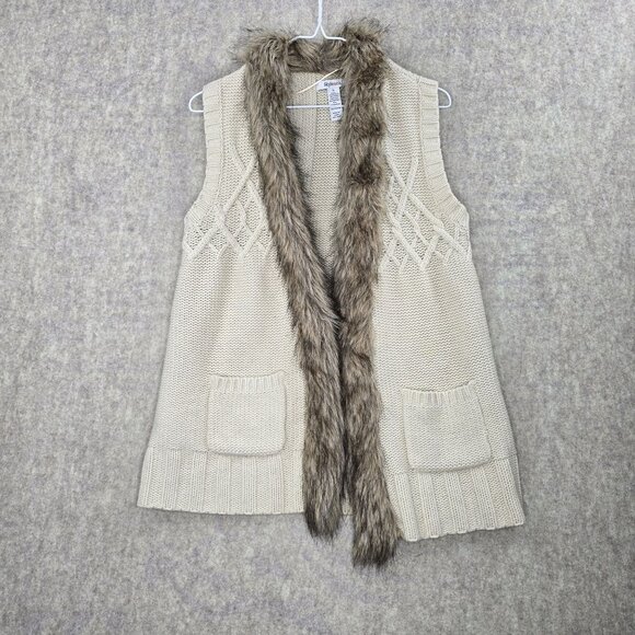 Style & Co Jackets & Blazers - Style & Co Womens Faux Fur Trim Knit Sweater Vest Beige Small Acrylic Wool Blend
